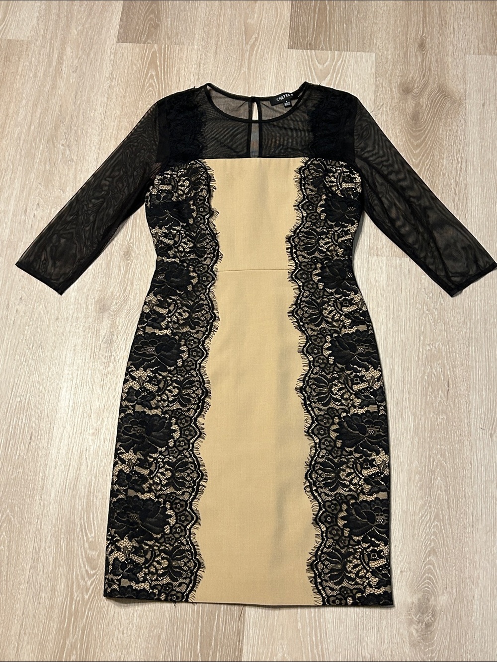 Chetta B Black Lace 3/4 Sheer Sleeve Tan Sheath Knee Length Dress Sz 6